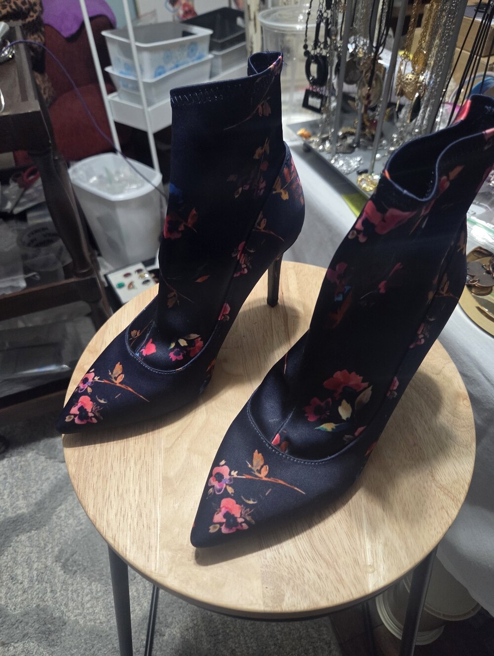 Gianni Bini Navy Blue Floral Pointed Toe Stiletto Sock Boots - Picture 3 of 6